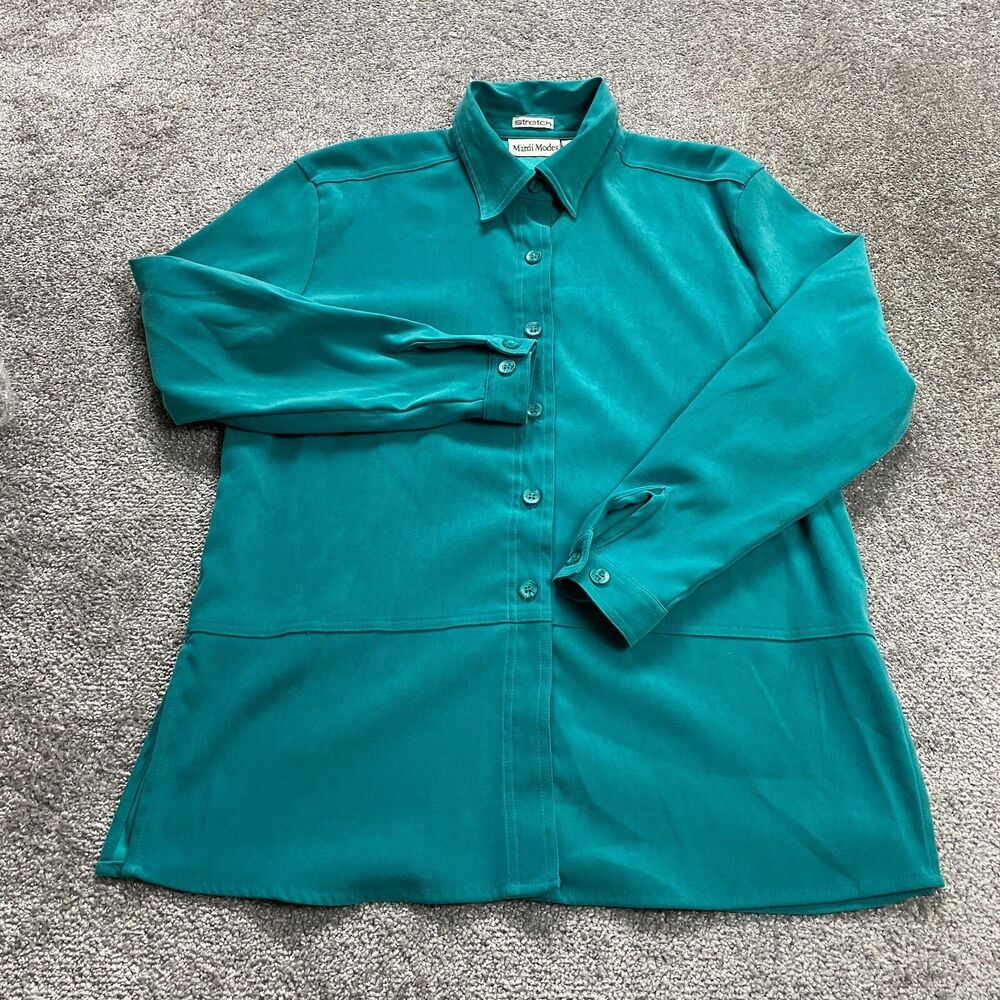Mardi Modes Button Up Blouse Shirt Womens Medium Aqua Blue Long Sleeve Stretch